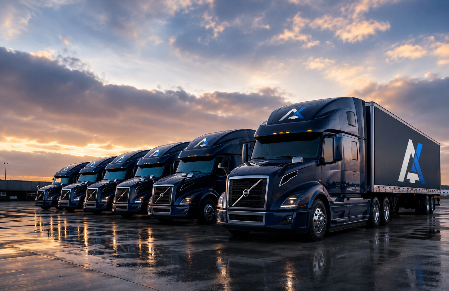 Axelon HQ LLC fleet of blue Volvo semi-trucks at dusk
